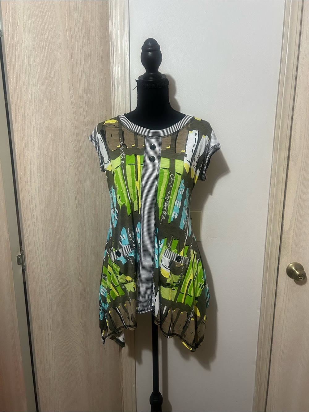 Bali Green & Teal Abstract Cap Sleeve Tunic with Striped Trim